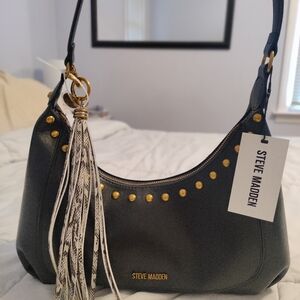 Steve Madden Black Shoulder Bag with Gold Accents